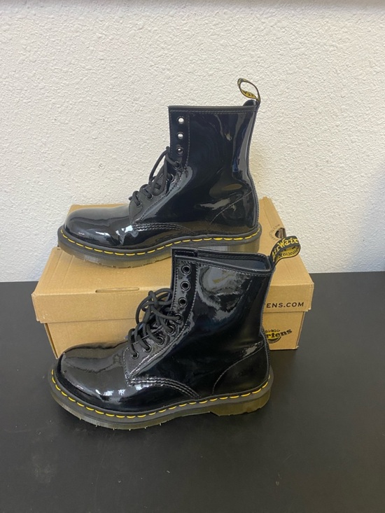 Dr. Martens Shoes - Dr. Martens Black Patent Leather Lamper -Eye Lace-Up Boots with Yellow Stitching